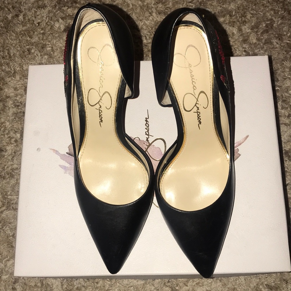 Jessica Simpson Black Leather Rhinestone Pumps